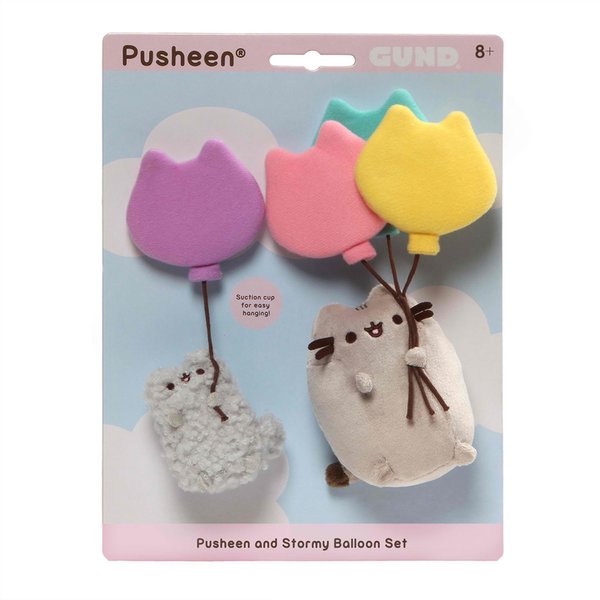 GUND Pusheen and Stormy with Balloons Plush Stuffed Animals, Set of 2, Gray
