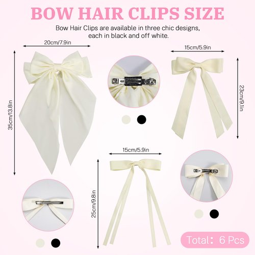 Sekonow 6Pcs Hair Bows for Women, 3 Sizes Hair Bow Clips Hair Ribbon Tassel with Long Tail, Silky Satin Coquette Bows Metal Barrettes Cute Hair Accessories (Black + Beige)