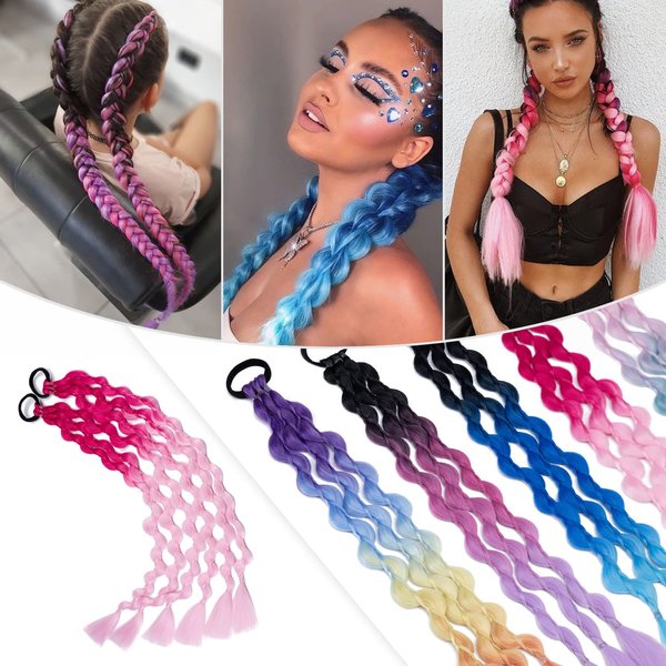 Hairro Colored Braids Hair Extensions with Rubber Bands Rainbow Braided Synthetic Hairpieces Ponytail Hair Accessories for Women Kids Girls Party Highlight 24 Inch 6pcs/Pack