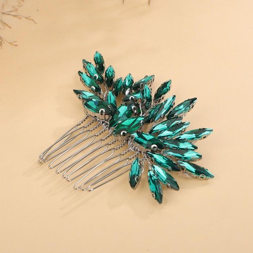 Teyglen Bridal Wedding Hair Comb Silver Green Crystal Bride Hair Side Comb Handmade Red Green Black Rhinestone Crystal Hair Pieces Hair Accessories for Bride Vintage Headpieces for Women Bride Girls