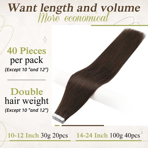 Full Shine Tape in Hair Extensions Remy Darkest Brown Real Human Hair Extensions Tape in Straight Skin Weft Natural Tape Hair Extensions 40Pcs Double Sided Tape Hair 14 Inch