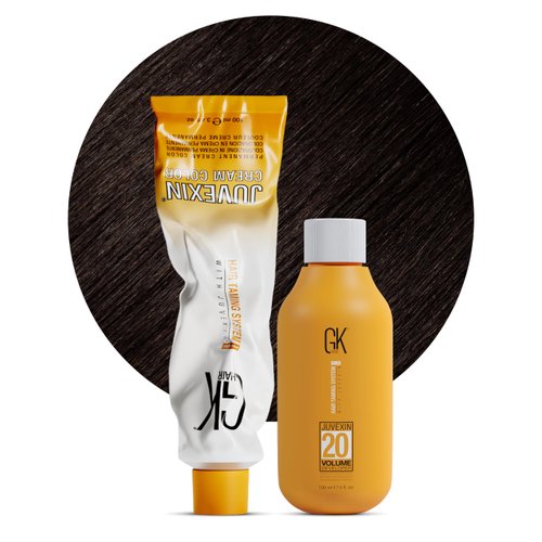 GK HAIR Global Keratin Natural 4 Brown Hair Color Cream Tube (3.4 Fl Oz/100ml) + 20 Volume Developer (5 Fl Oz/150ml) - Professional Permanent Long Lasting Toner Dye