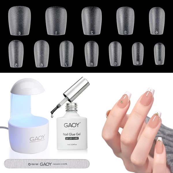 GAOY Nail Tips and Glue Gel Nail Kit with Mini UV Light, Gel x Nail Kit, 360Pcs Matte Extra Short Coffin Nail Tips for Fast Nail Extension