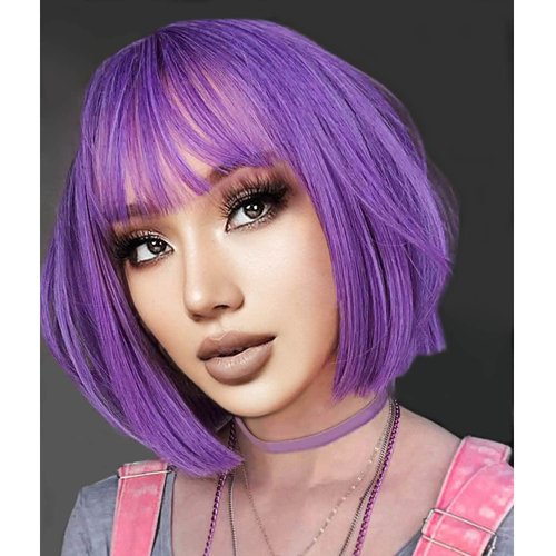 YOUNIGA Purple Bob Wig With Bangs 12 Inch Short Synthetic Fiber Bob Wigs for Women Short Bob Wigs and Halloween Cosplay Bob Wig With One Cap (Purple)