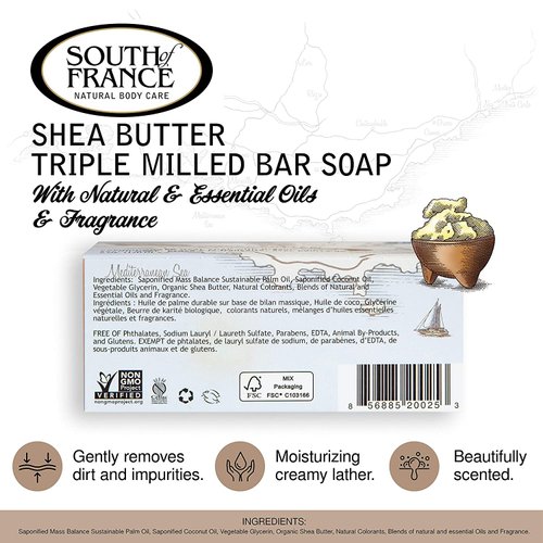 Shea Butter Clean Bar Soap by South of France Clean Body Care | Triple-Milled French Soap with Organic Shea Butter + Essential Oils | Vegan, Non-GMO Body Soap | 6 oz Bar ? 4 Pack