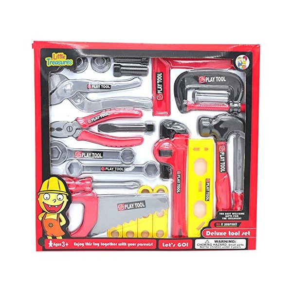Toy tools playset for kids from Little Treasures Complete with saw, level, Stencils, lug wrench, pliers, wrench, clamp, screwdriver, file, square, nuts, bolts, and screws -play set toy for children 3+