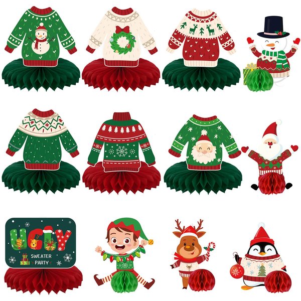 12 Pcs Christmas Ugly Sweater Party Decorations Christmas Ugly Sweater Honeycomb Centerpieces Xmas Sweater Party 3D Table Decorations for Christmas Party Winter Holidays Supplies