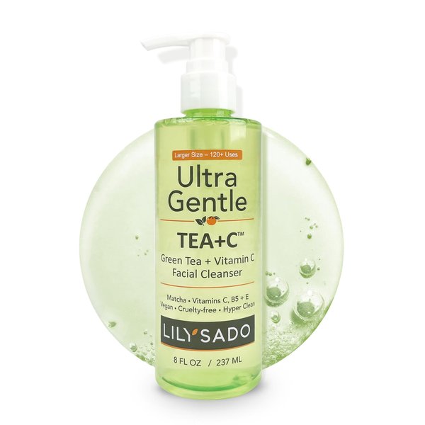 LILY SADO Tea+C Green Tea & Vitamin C Face Cleanser – Natural Vegan Antioxidant Daily Face Wash with Aloe, Rosehip, Meadowfoam - Gentle Deep Cleansing for Acne, Blackheads, Blemishes. 8 oz