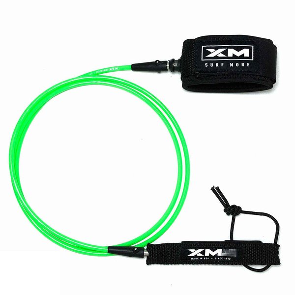 XM SURF MORE Premium Surfboard Leash, 5ft, Made in USA, Ultra Comp Cord Thickness (0.200in Thick), Key Pocket, Unbreakable Swivels, Detachable Railsaver, Lime Leash, Black Strap