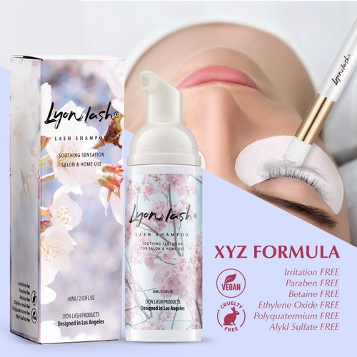Eyelash Extension Shampoo - Lyon Lash Eyelid Foam Cleanser/Gentle Formula for Sensitive people/Paraben & Sulfate Free/Remove Eye Makeup & Oil & Dust/For Salon and Home Use (60ml without brushes)