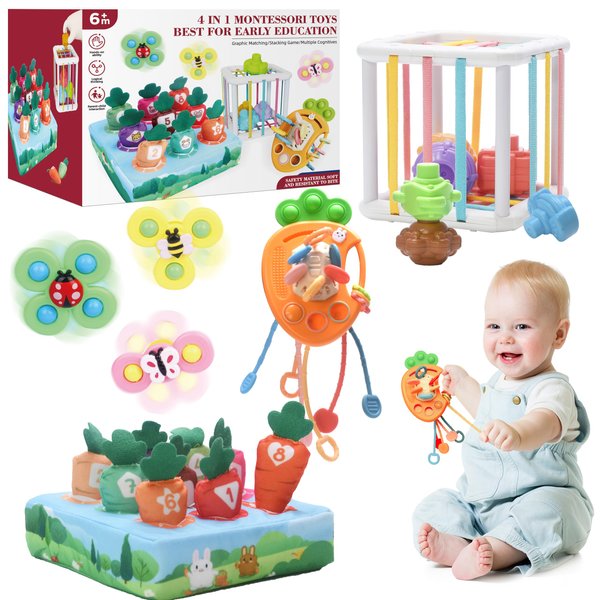 FLLOBE Baby Toys for 6-12 Months, Montessori Toys for 1-3 Years Old, 4-in-1 Set Baby Bath Toys, Stacking Toys, Sensory Toys Gifts for Newborn Infant Learning