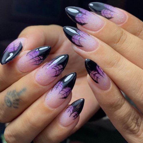24 Pcs Halloween Pink Almond Short Press on Nails - SHANRUN Black Spider Web French Fake Nails Press ons Nail Art Tips Glue on Nails Full Cover Acrylic Stick False Nails with Ombre Purple Design Women