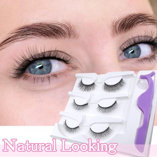 SLSXNL Reusable Self Adhesive Eyelashes Self Sticking Natural Look Without Glue - 3 Pairs Fluffy Wispy Self Adhesive Lashes Strip False Eyelashes with Tweezer