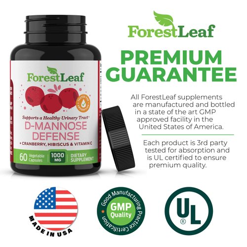 ForestLeaf D-Mannose Defense 1000mg - D Mannose with Cranberry, Hibiscus and Vitamin C - for Urinary Tract Health and Cleanse, Urinary Pain & Bladder Control - 60 Veggie Capsules