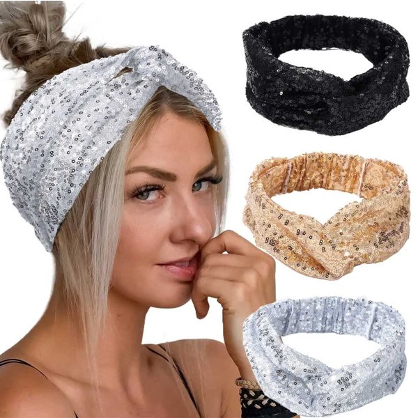 Gortin Sequins Headbands Stretchy Wide Headband Sparkle Twist Turban Head Wraps Rave Party Headpieces Knotted Hair Bands Nightclub Headscarfs Glitter Hair Accessory for Women and Girls