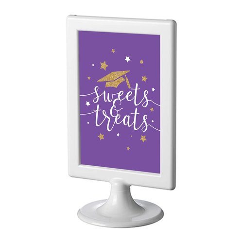 Andaz Press Royal Purple and Gold Glittering Graduation Party Collection, Framed Party Sign, Double-Sided 4x6-inch, Sweets & Treats, 1-Pack, Includes Reusable Frame