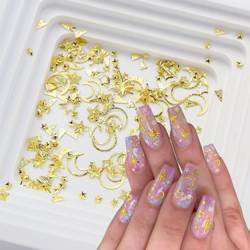 2Box Gold Nail Charms Hollow Moon Stars Nail Art Charms Nails Studs Mixed Metal Star Sriangle Nail Rivets Rhinestones 3D Alloy Star Nail Jewelry Nail Accessories for Women Girl DIY Nail Decoration Kit