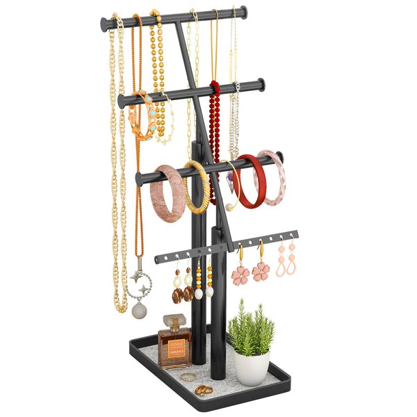 KLJKPA Jewelry Organizer Stand, Metal Necklace Organizer with Velvet, Jewelry Necklace Earrings Bracelet Ring Small Holder Storage for Girls Women, Black