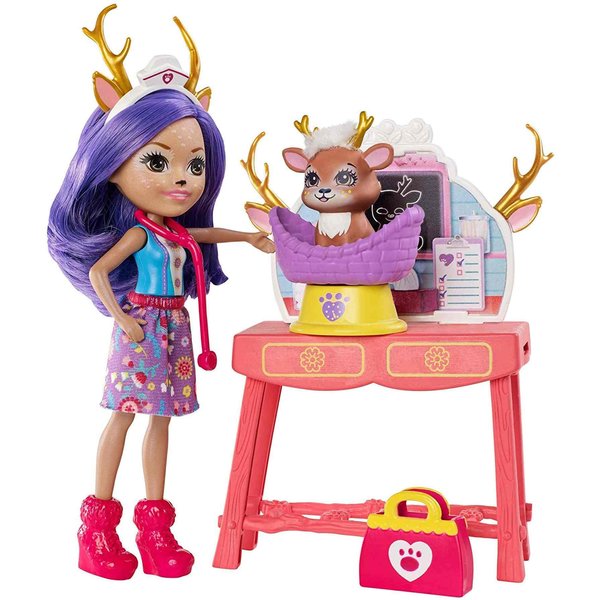 Mattel Enchantimals Caring Vet Playset with Danessa Deer Doll and Sprint Animal Figure, 6-inch Small Doll, with Check-up Table, Basket, and Smaller Doctor Accessories, Gift for 3 to 8 Year Olds