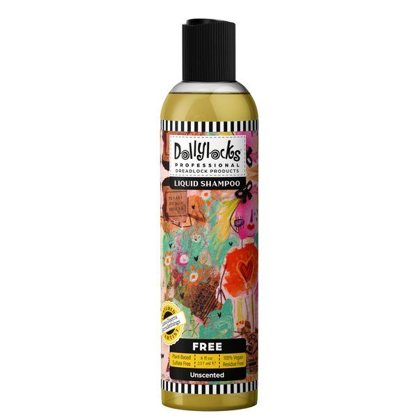 Dollylocks Liquid Shampoo - Free, Unscented - 100% Vegan, Residue-Free, Sulfate-Free, Plant-Based, Lightweight pH-Balanced Clarifying Shampoo, 8oz.