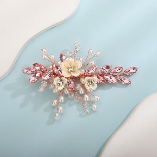 Xerling Pink Rhinestones Crystal Flower Hair Barrettes Clip Boho Bridal Pearl Hair Jewelry Accessories for Women Wedding Floral Headpieces (Pink)