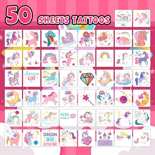EMOME Girls Party Favors, 50 PCS Kids Tattoos Temporary, Individually Wrapped Tattoos Stickers for Kids, Special for Girls Birthday Party Decorations Supplies Game