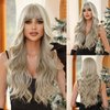 Remy Blue Mixed Blonde Wigs With Bangs 26 Inches Long Wavy Curly Blonde Wigs for Women Natural Looking Realistic Wigs Synthetic Heat Resistant Fiber Wigs for Daily Party Use