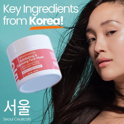 SeoulCeuticals Korean Face Scrub - Exfoliating Face Mask Skincare K Beauty Mask for Glass Skin - Kaolin Clay + Charcoal Cream Exfoliant Mask 2oz