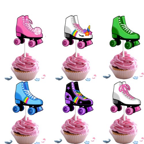 18pcs Roller Skate Cupcake Toppers for Boys Girls Baby Shower Throwback 1990s Party Favors Cupcake Decorations 90s 80s Roller Skating Happy Birthday Party Supplies