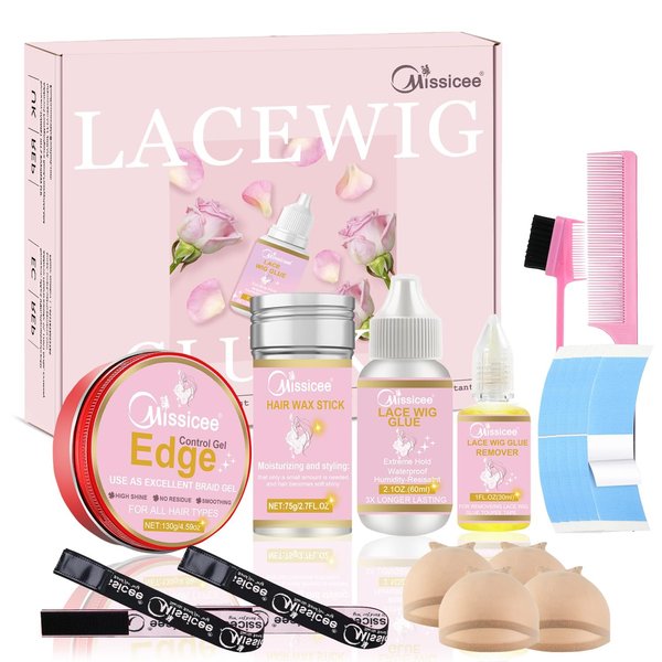 Lace Wig Glue, Missicee Wig Glue Lace Glue for Lace Front Wigs, Strong Hold Lace Front Wig Adhesive Glue Kit with Hair Styling Tools- Wig Glue Remover/Hair Wax Stick/Edge Control Gel/Elastic Band