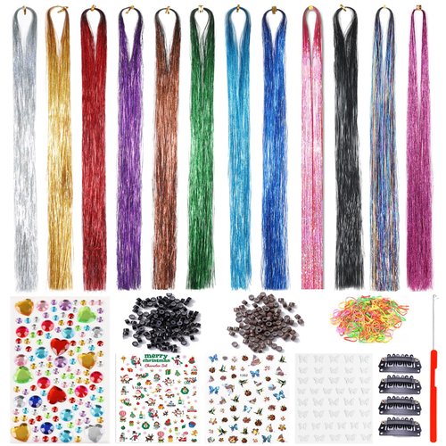 50Inch Tinsel Hair Extensions Kit with Tools 12Colors 2400 Strands Sparkling Shiny Hair Tinsel Kit for Women Girl For Christmas New Year(50 Inch, 12 colors+tools kit)