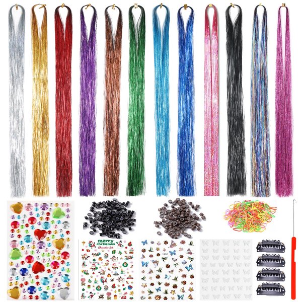 50Inch Tinsel Hair Extensions Kit with Tools 12Colors 2400 Strands Sparkling Shiny Hair Tinsel Kit for Women Girl For Christmas New Year(50 Inch, 12 colors+tools kit)