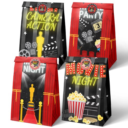 HaPiBiDesign Movie Night Party Favor Bags - 24 Pcs Movie Night Party Candy Bags with Stickers - Movie Night Goodie Gift Treat Bags - Movie Night Themed Birthday Party Supplies