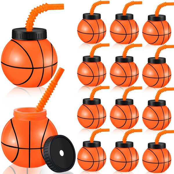 Nuanchu 12 Sets 14 oz Basketball Cups with Straws and Lids Plastic Ball Cups Reusable Basketball Party Cups Bulk Basketball Party Favor for Kids Birthday Sports Theme Party Supplies