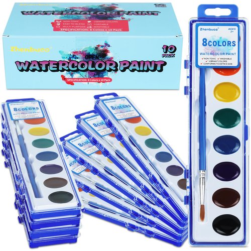 Watercolor Paint Set for Kids - Bulk Pack of 10, 8 Colors Washable Water Color Paints Sets with Paint Brush, Kids Watercolor for Coloring, Art, Party Favors, Classrooms and Paint Supplies