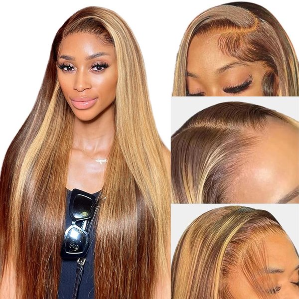 QNQZ Highlight Straight Lace Front Wig 13x6 Transparent Lace Front Wig Human Hair 180 Density Colored Human Hair Lace Front Wigs 32 Inch Frontal Human Hair Wigs