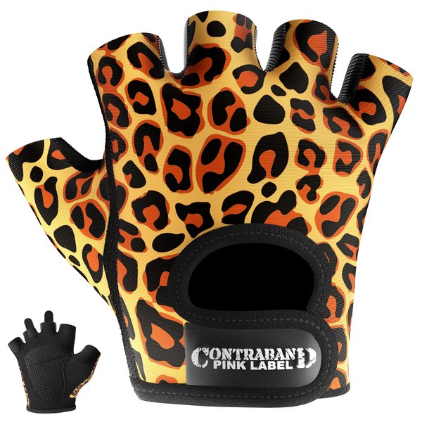 Contraband Pink Label 5297 Womens Design Series Leopard Print Lifting & Rowing Gloves (Pair) - Lightweight Vegan Medium Padded Microfiber Amara Leather w/Griplock Silicone (Orange/Black Small)