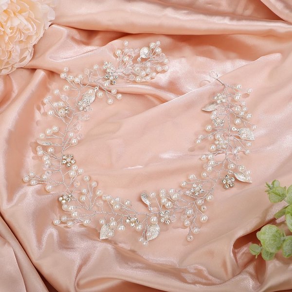 BERYUAN Women Pearls Crystal Flowers Hair Vine Silver Leaves Crystal Wedding Handmade Hair Piece Silver Bride Hair Accessoris for Wedding Women and Girls