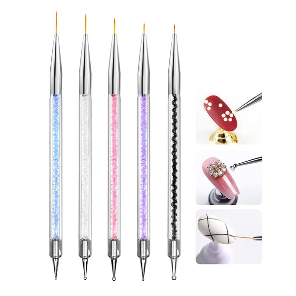BlingKingdom 5pcs Thin Nail Art Liner Brushes French Tip Brush Manicure Drill Drawing Nail Brush Pen Double Ended Dotting Tools Set Nail Dotting Pull Line Painting Drawing Pen For DIY Nail Art Designs
