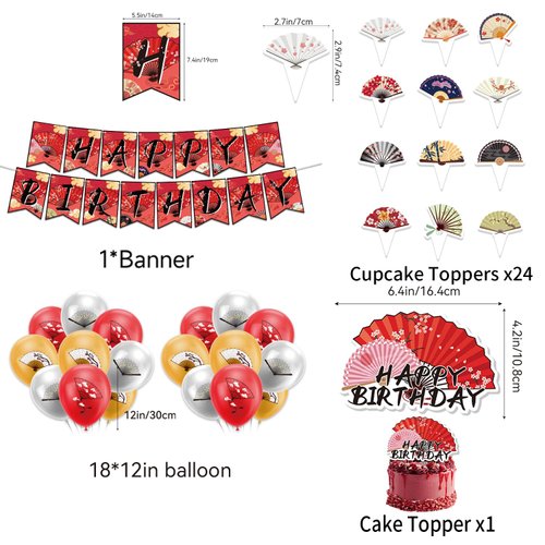 Japanese Party Decorations Folding Fans Party Decorations Folding Fans Birthday Party Supplies Includes Chinese Japanese Folding Fans Birthday Banner, Cake Topper, Cupcake Toppers, Balloons