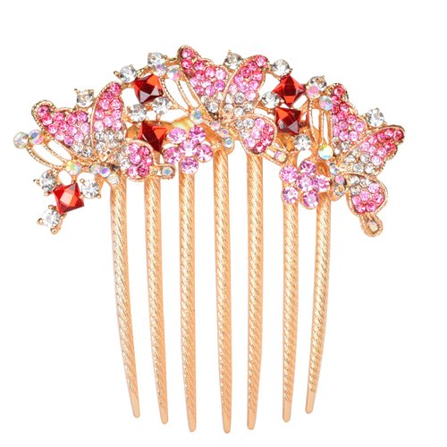 Sankuwen Women Rhinestone Inlaid Butterfly Hair Comb Hairpin Barrette Accessory (Style-B,Pink)
