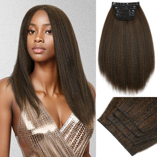 WIGNEE Kinky Straight Clip Ins 4 Pcs Yaki Straight Clip Ins With Lace Weft Kinky Straight Clip In Hair Extensions Full Head 16 Inch Mix Brown Seamless Clip Ins For Black Women
