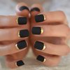 iMABC Matte Black Full Cover Short Round Press On Nails Gold Metallic Line Designed Plastic Frosted Cute Fake False Nails Set 24pcs Stick on Tips Manicure