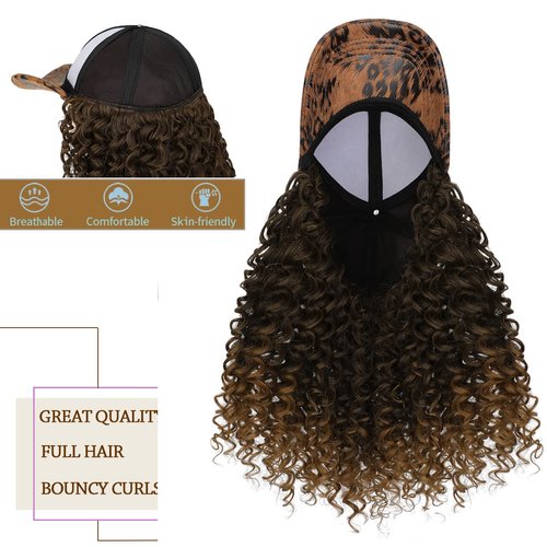 Qlenkay Leopard Baseball Cap with 16in Hair Extensions Adjustable Metal Buckle Wig Hat Attached African Kinky Curly Hairpiece for Woman Girl Dark Brown To Ginger Brown