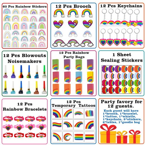 Leesgel 156pcs Art Rainbow Party Favors for Kids, Tie Dye Rainbow Birthday Party Supplies Decorations, Small Goodie Bag Stuffers for Kids with Brooch, Stickers, Whistle, Keychain, Tattoos