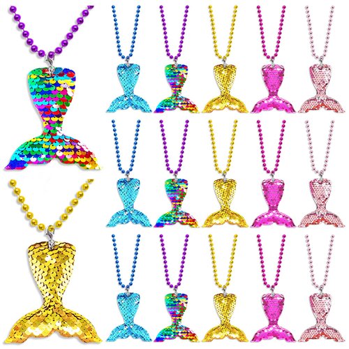 CiciBear 15 Pack Mermaid Sequin Necklace Party Favors with Mardi Gras Beads for Ocean Themed Party Favors, Home Decorations, Festivals, Wedding, Birthday Celebrations, 5 Colors