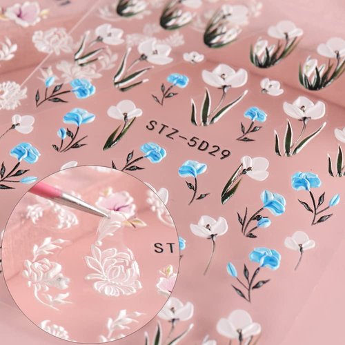 5D Embossed Flowers Nail Stickers for Acrylic Nails, 6 Sheets Engraved Flower Nail Decals Spring Summer Nail Art Accessories French Tips Nail Designs Adhesive Flower Butterfly Nail Stickers for Women