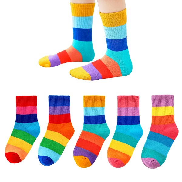 Marchare Girls Seamless Crew Cotton Socks Kids Casual Socks School Socks Rainbow Stripes Color C 5 Pack 6-8 Years