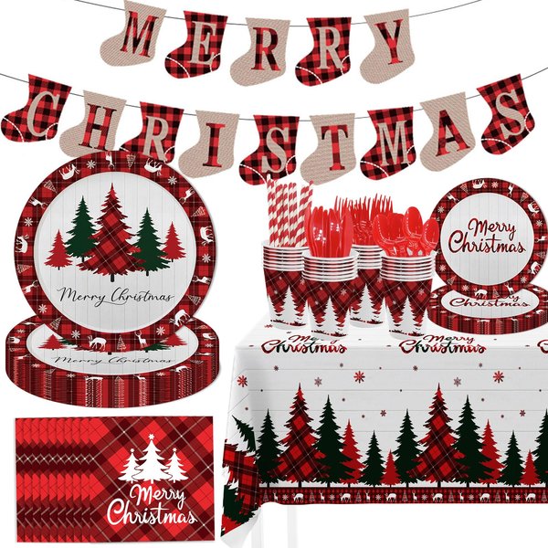 MEHOFOND Christmas Party Decorations, 194 Pcs Red Buffalo Plaid Disposable Tableware Set Christmas Tree Plates and Napkins Merry Christmas Banner Tablecloth for Xmas Party Decorations