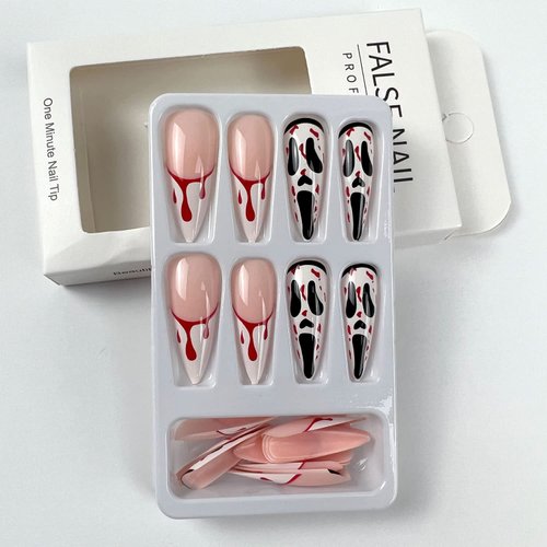Red Blood Press on Nail Medium Almond Spooky Fake Nail Halloween Red Blood Clown Horror Nail Design Full Cover Fake Nails Glue on Nail Artificial Nails for DIY for Women Girls, False Nails